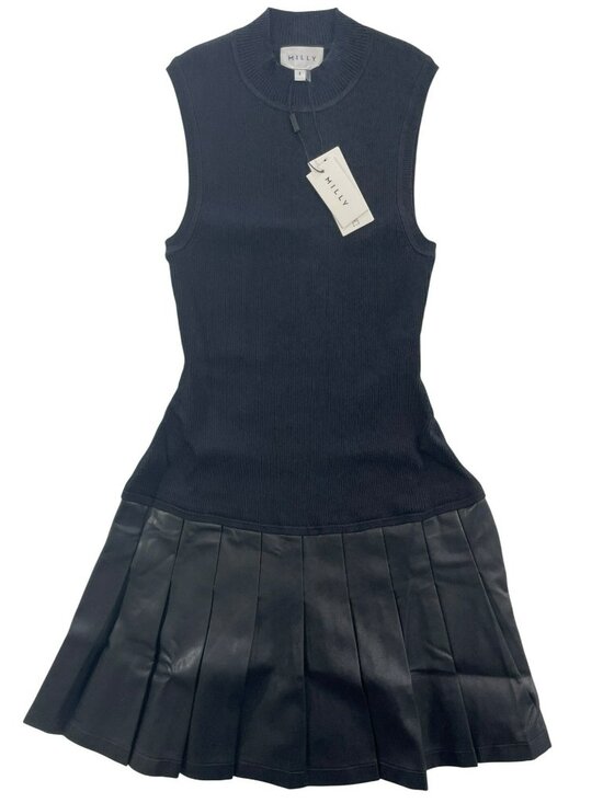 Milly Dresses & Skirts - Milly Leather Pleated Skirt Knit Dress Sleeveless Black Size Small MSRP $365 NEW